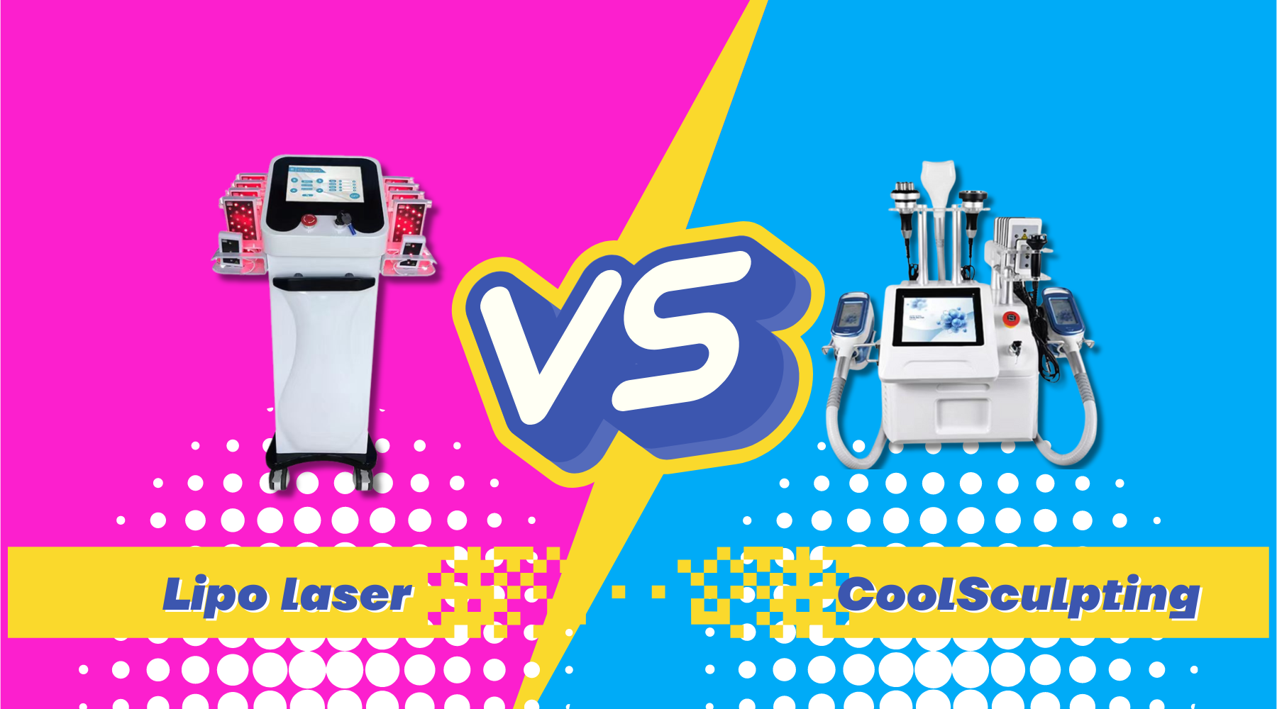 A bold "VS" divides the pink and blue backgrounds, with "Lipo Laser" and "CoolSculpting" text for SEO.