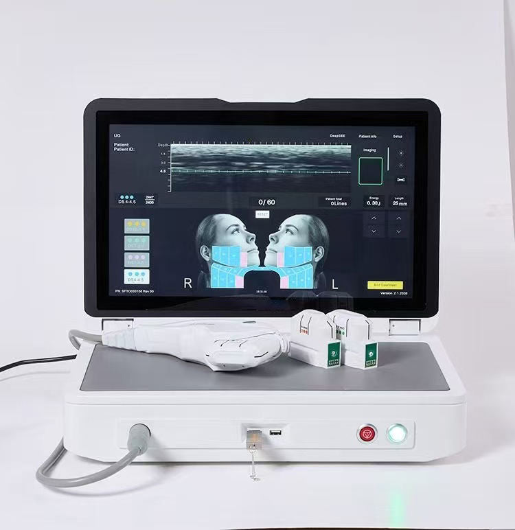 Wikbeauty Portable HIFU anti-aging machine with 19-inch HD display, metal chassis, 3 professional probe heads, facial mapping system, professional portable design