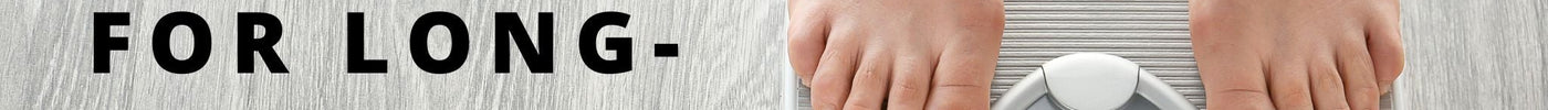 Feet on a scale with a pink measuring tape on the floor, captioned "11 Effective Strategies for Long-Term Weight Loss Success"
