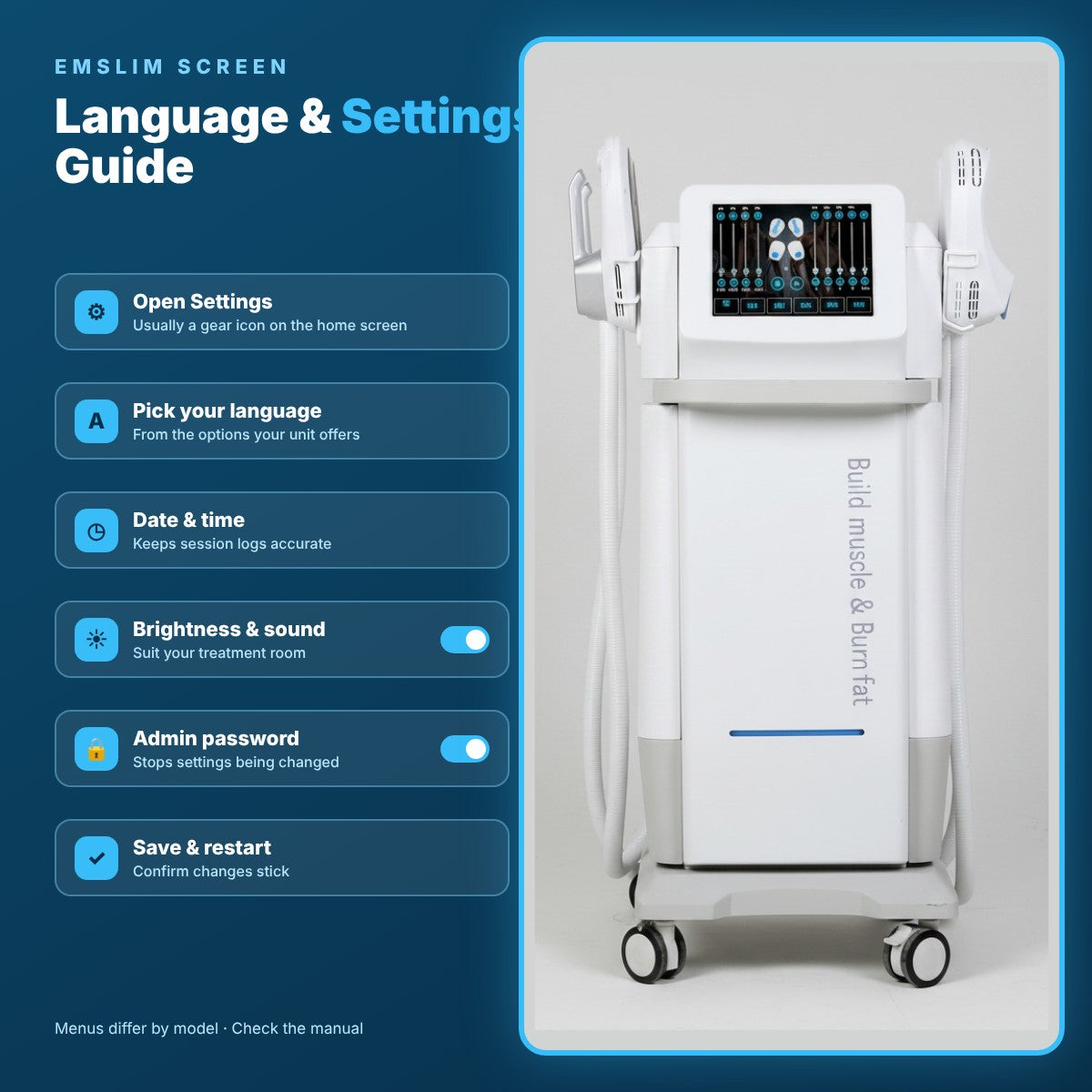 EMSlim Screen Optimization: Language & Settings Guide