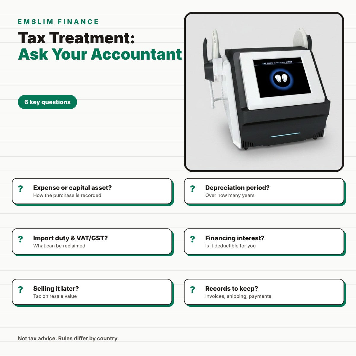 Tax Treatment of EMSlim Machine: Key Accountant Questions