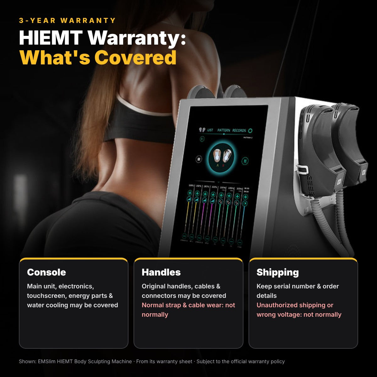 HIEMT Machine Warranty | Console, Handles, & Shipping