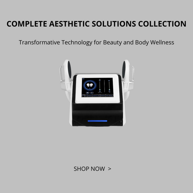 an image of a professional aesthetic machine with digital interface and handpieces, titled 'COMPLETE AESTHETIC SOLUTIONS COLLECTION' for beauty and body wellness, featuring a 'SHOP NOW' button