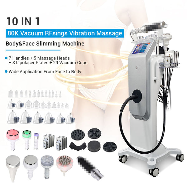 10-in-1 80K Cavitation Vacuum RF Slimming Machine for body contouring, fat reduction, and skin tightening using advanced technology.