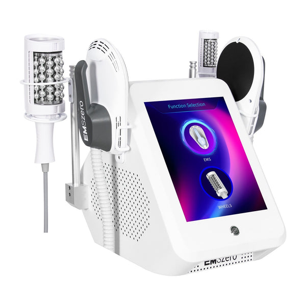 Myoslim device with digital display and attachments on a white background