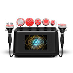 Professional 7-in-1 cavitation vacuum RF machine featuring an angled touchscreen with graphical treatment modes and handpiece selection.