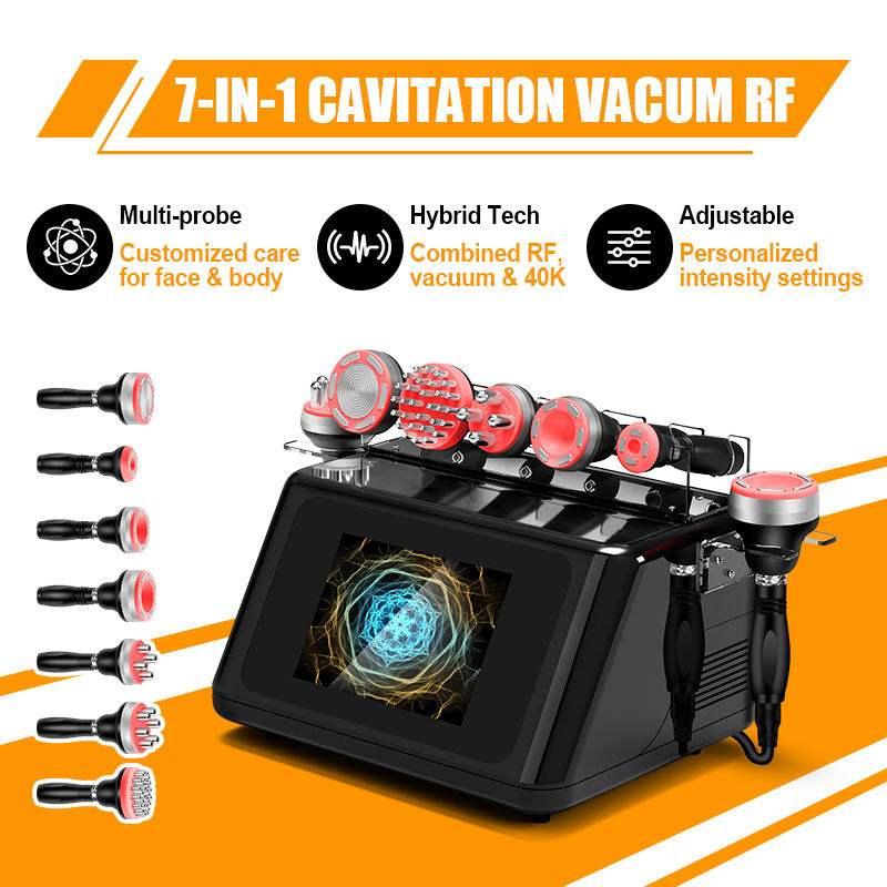 Seven interchangeable handpieces for the Wikbeauty 40K cavitation vacuum RF machine, including ultrasonic cavitation, vacuum massage, RF, and meridian brush.