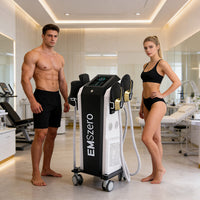 EMSzero body contouring device with a sleek design, featuring multiple treatment pads for non-invasive muscle toning and fat reduction, displayed on a clean surface.