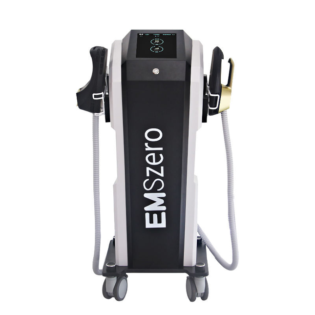 EMSzero muscle toning device with a modern design, equipped with treatment pads for non-invasive muscle stimulation and body contouring, placed on a neutral background.