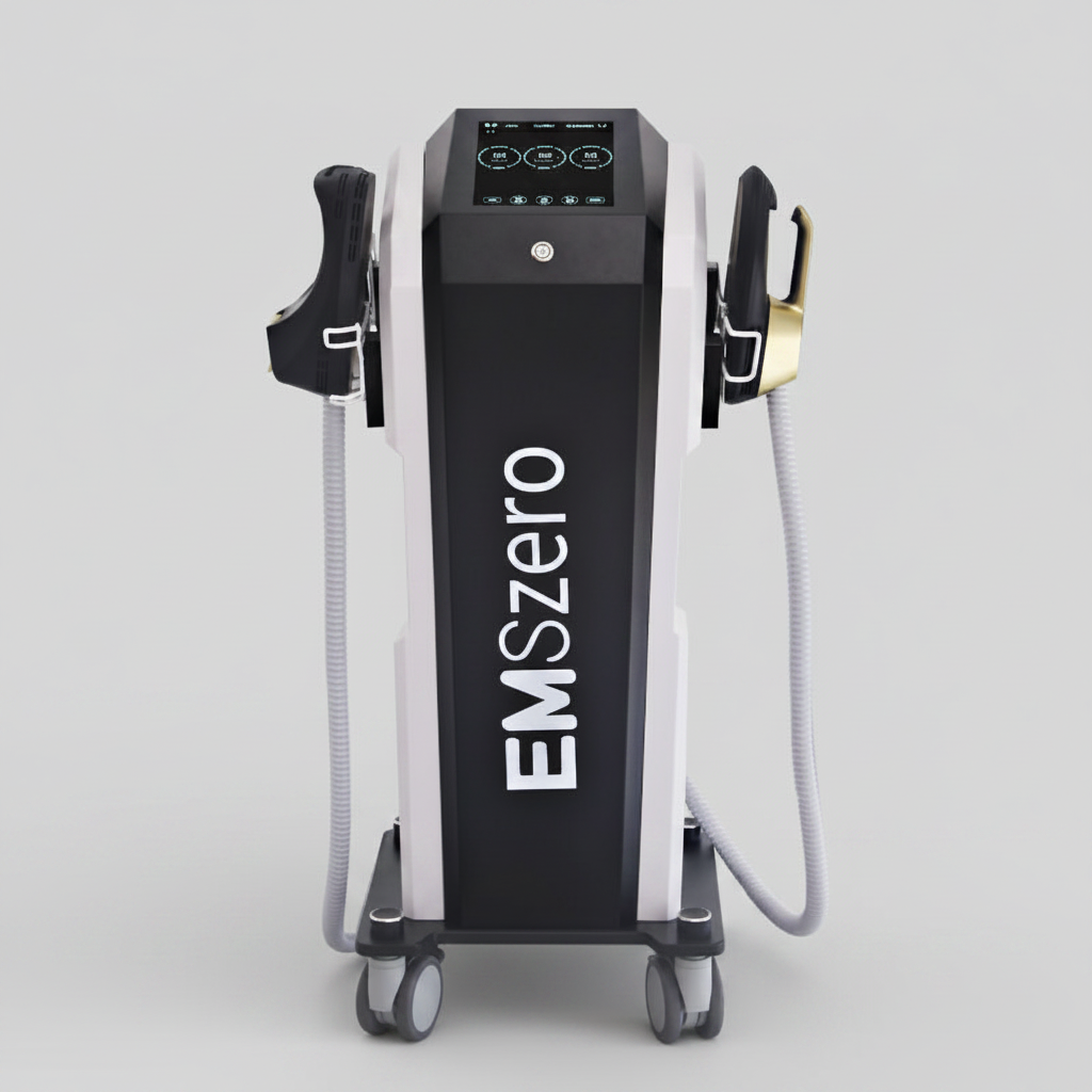 EMSzero muscle toning device with a modern design, equipped with treatment pads for non-invasive muscle stimulation and body contouring, placed on a neutral background.