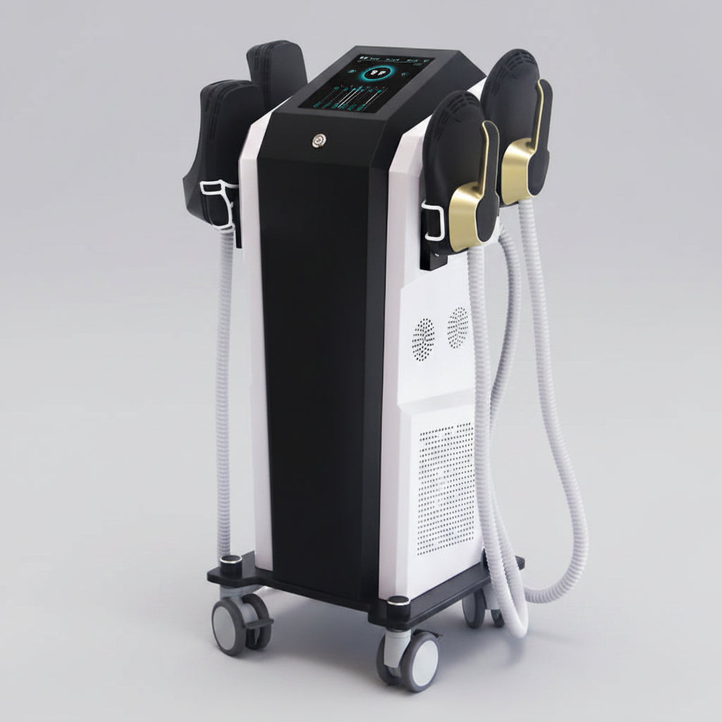 EMSzero toning and sculpting device with a sleek design, featuring treatment pads for non-invasive muscle firming and body shaping, displayed on a neutral background.