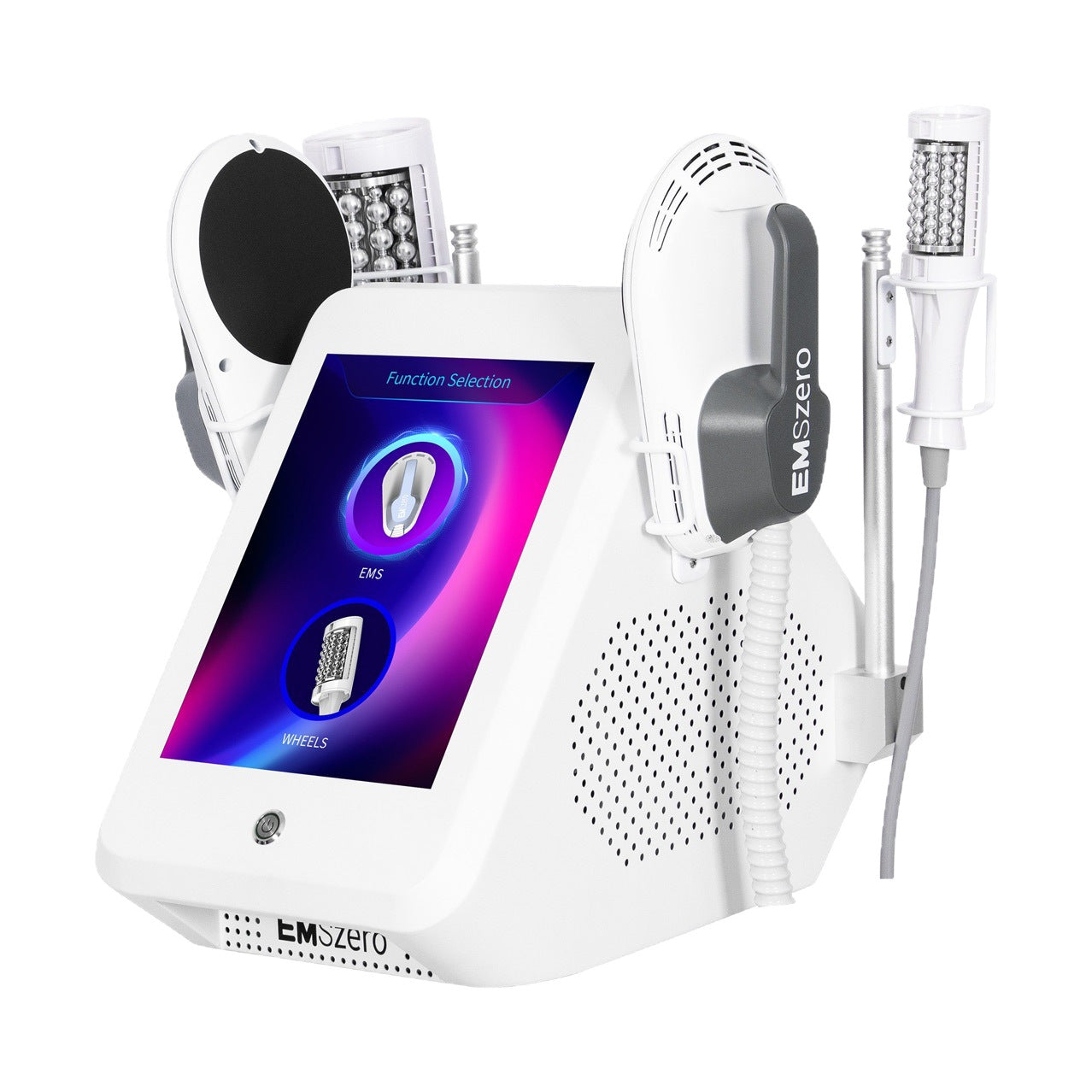 White electronic device with screen and various attachments on a white background, branded 'EMszero'.