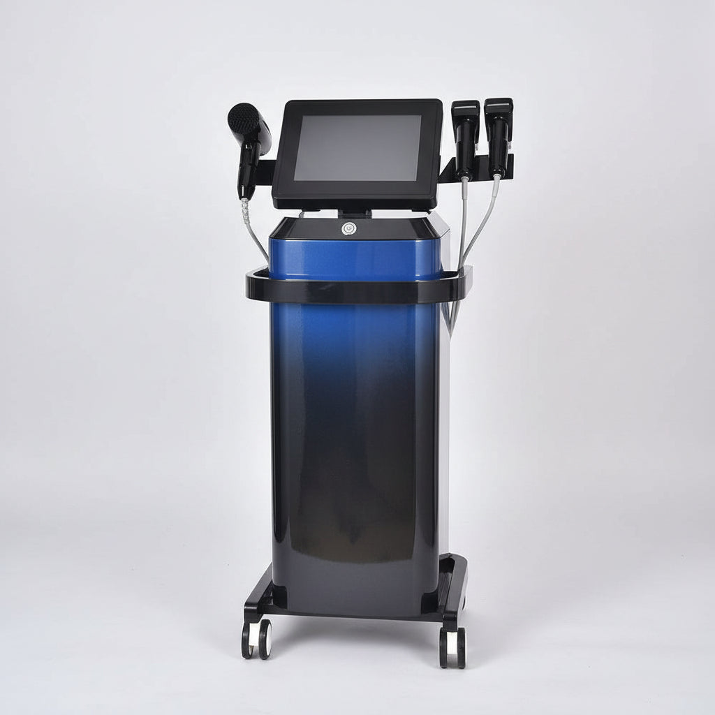 RF microneedling device for skin tightening, featuring a sleek design with a screen, used for non-invasive facial and body rejuvenation, displayed on a white background.