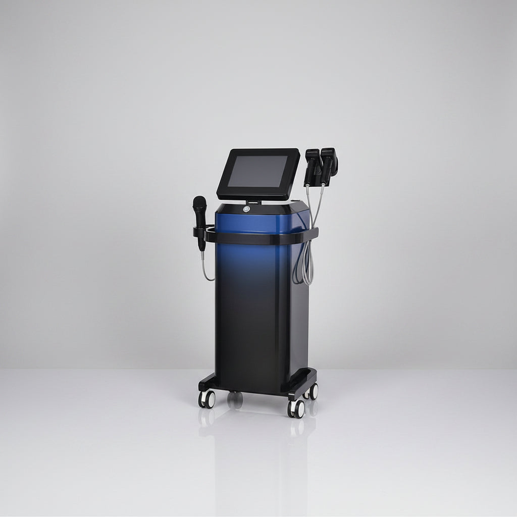 Morpheus 8 medical aesthetic tool with a sleek blue and black design, featuring a screen for advanced skin treatment procedures, placed on a white background.