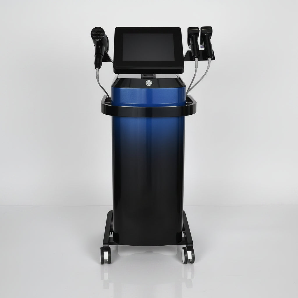 Morpheus 8 medical device for skin rejuvenation, featuring a black and blue body with a screen, placed on a white background.