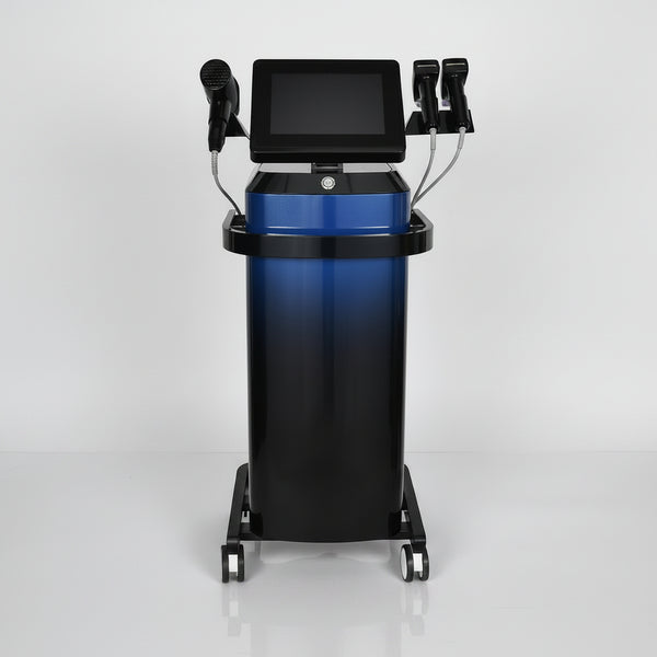 Morpheus 8 medical device for skin rejuvenation, featuring a black and blue body with a screen, placed on a white background.