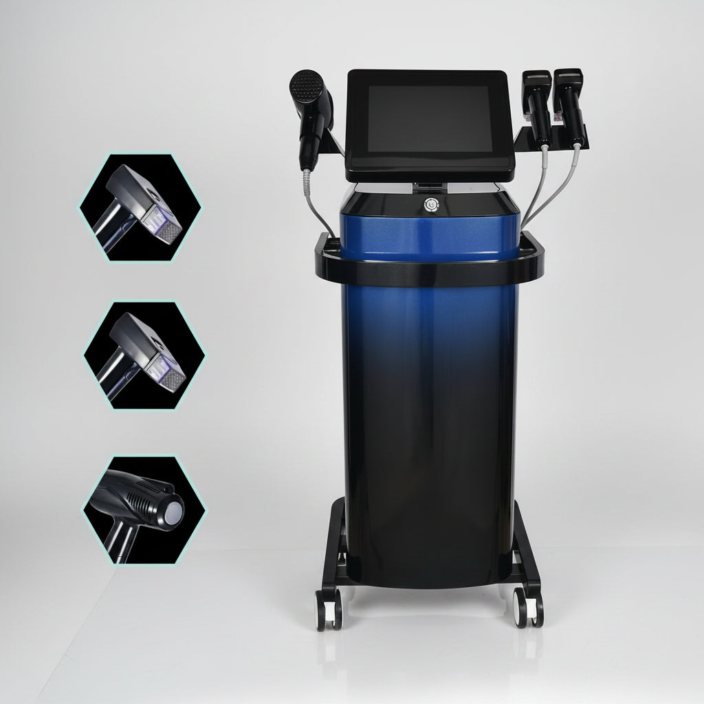 RF microneedling device for skin tightening, featuring a sleek design with a screen, used for non-invasive facial and body rejuvenation, displayed on a white background.