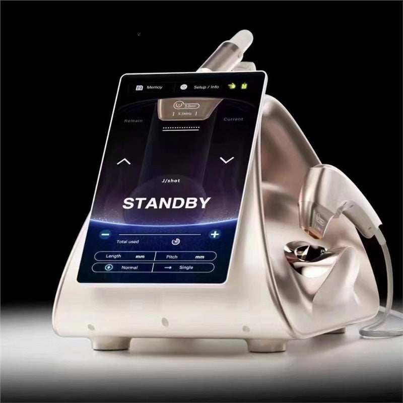 Professional HIFU 12D facial lifting treatment session with probe on patient face, clinical setting, professional practitioner, desktop control panel visible