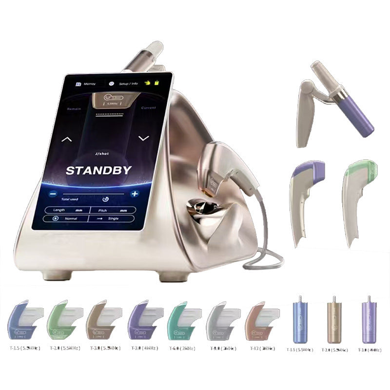 Wikbeauty HIFU 12D technical specifications showing 7 focal depths from 1.5mm to 13mm with probe frequencies, treatment targets, and clinical applications