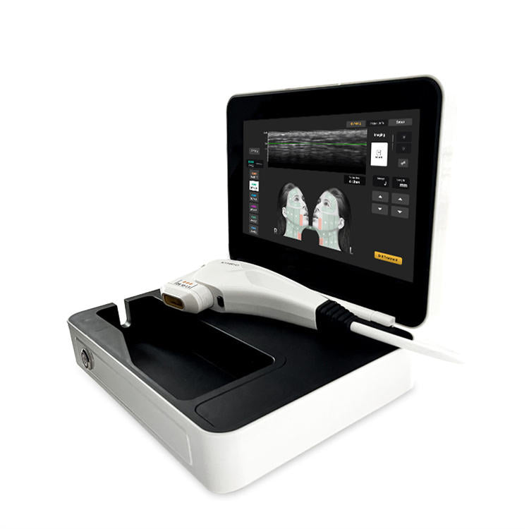 Wikbeauty Portable HIFU 19-inch HD display showing facial mapping system with treatment targeting, real-time visualization, professional protocol guidance