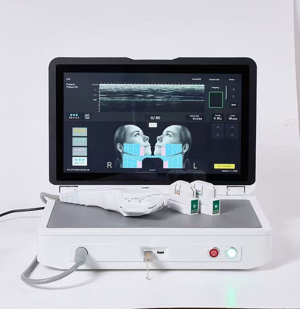 Wikbeauty Portable HIFU anti-aging machine with 19-inch HD display, metal chassis, 3 professional probe heads, facial mapping system, professional portable design