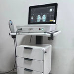 Professional HIFU facial lifting treatment session with probe on patient face, clinical setting, professional practitioner, portable desktop system