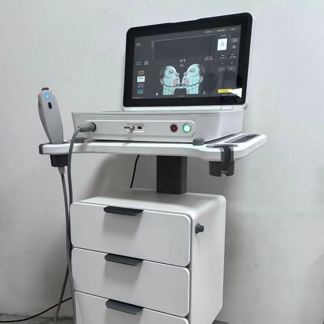Professional HIFU facial lifting treatment session with probe on patient face, clinical setting, professional practitioner, portable desktop system