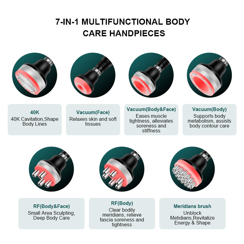 Touchscreen interface displaying treatment time, energy settings, suction controls, and adjustable parameters for the multifunctional beauty machine.