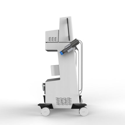 A white and black medical imaging machine on a wheeled cart with a monitor and attached probe, shown against a plain white background.