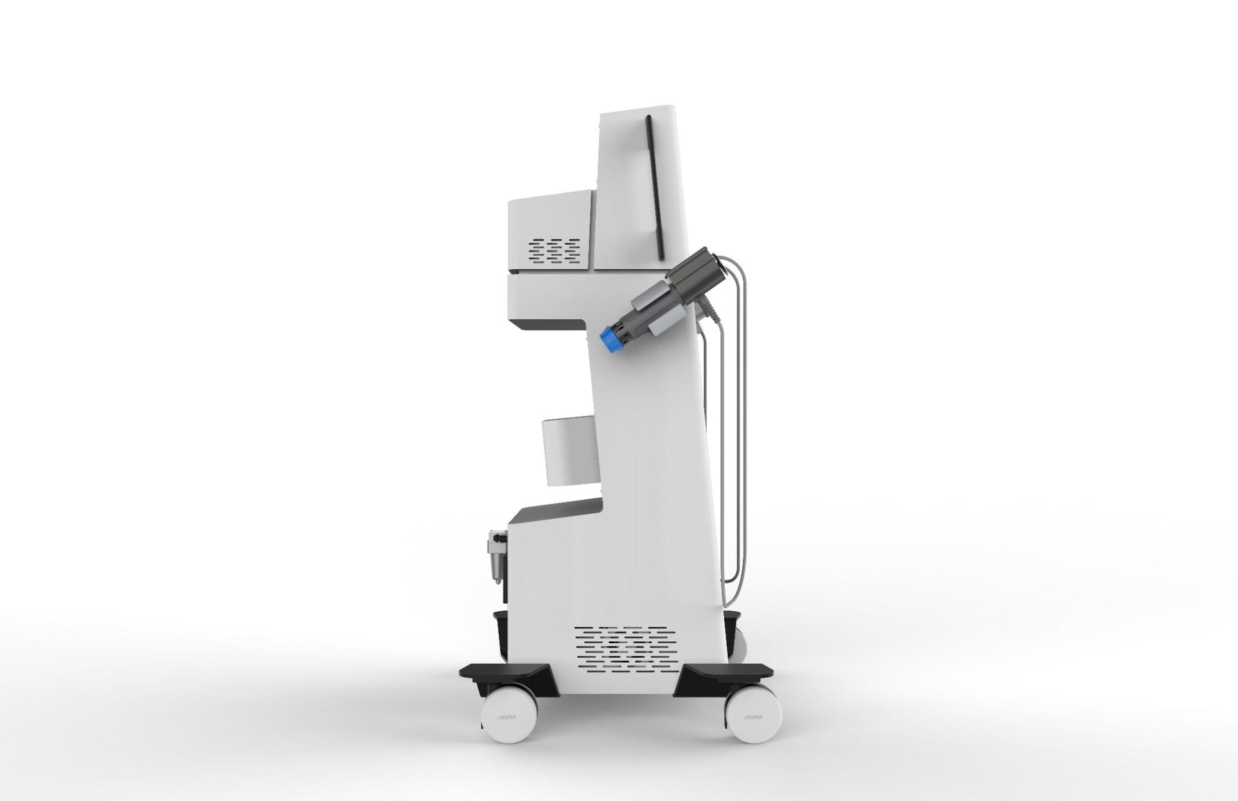 A white and black medical imaging machine on a wheeled cart with a monitor and attached probe, shown against a plain white background.