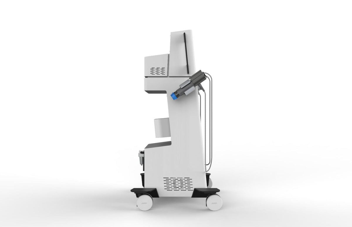 A white and black medical imaging machine on a wheeled cart with a monitor and attached probe, shown against a plain white background.