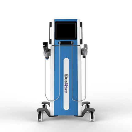 A blue and white medical beauty device on a wheeled stand with dual treatment arms and a black screen panel, shown on a clean white background.