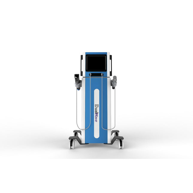 A blue and white medical beauty device on a wheeled stand with dual treatment arms and a black screen panel, shown on a clean white background.