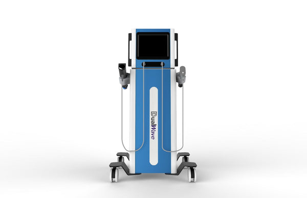 A blue and white medical beauty device on a wheeled stand with dual treatment arms and a black screen panel, shown on a clean white background.