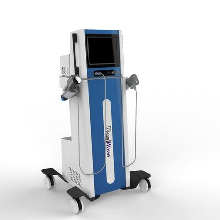 A blue and white mobile beauty device on wheels with a vertical screen, side attachments, and two handheld tools hanging from cords, shown on a clean white background.