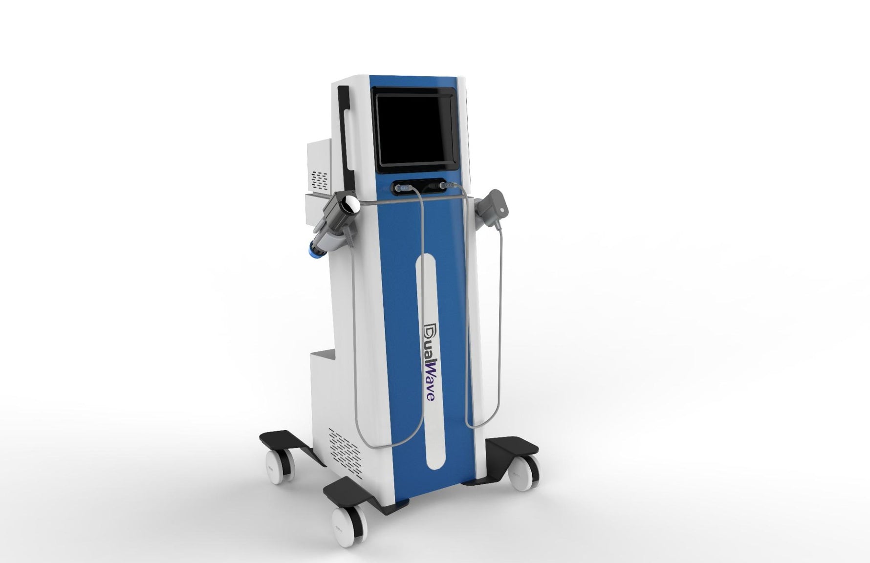 A blue and white mobile beauty device on wheels with a vertical screen, side attachments, and two handheld tools hanging from cords, shown on a clean white background.