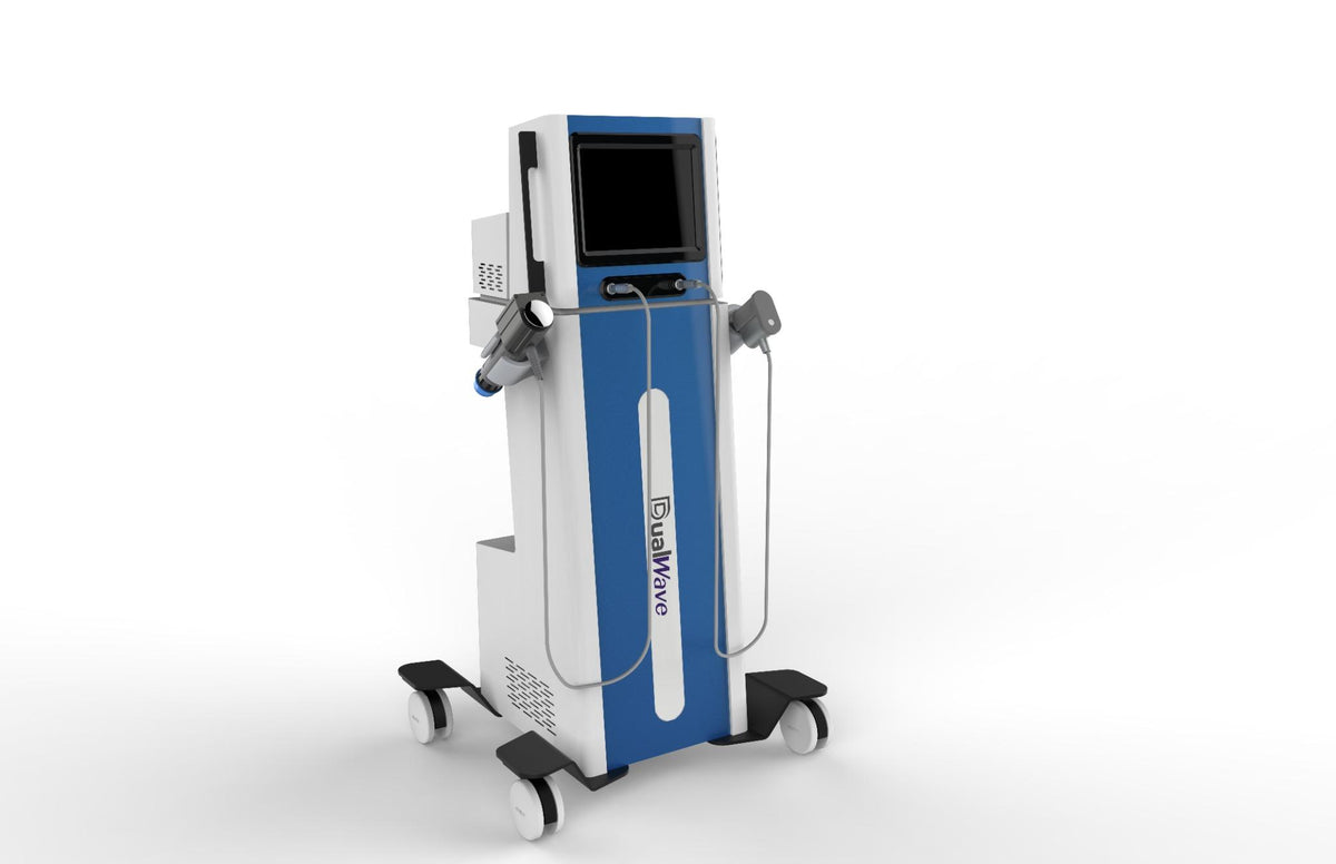 A blue and white mobile beauty device on wheels with a vertical screen, side attachments, and two handheld tools hanging from cords, shown on a clean white background.