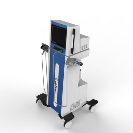 A white and blue medical treatment machine on a wheeled cart, featuring a digital screen, control panel, and treatment arms, shown against a plain white background.