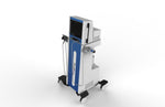 A white and blue medical treatment machine on a wheeled cart, featuring a digital screen, control panel, and treatment arms, shown against a plain white background.