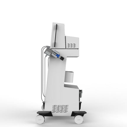A white and gray wheeled medical or laboratory machine with a vertical cabinet, side arm, and cylindrical component, shown on a plain white background.