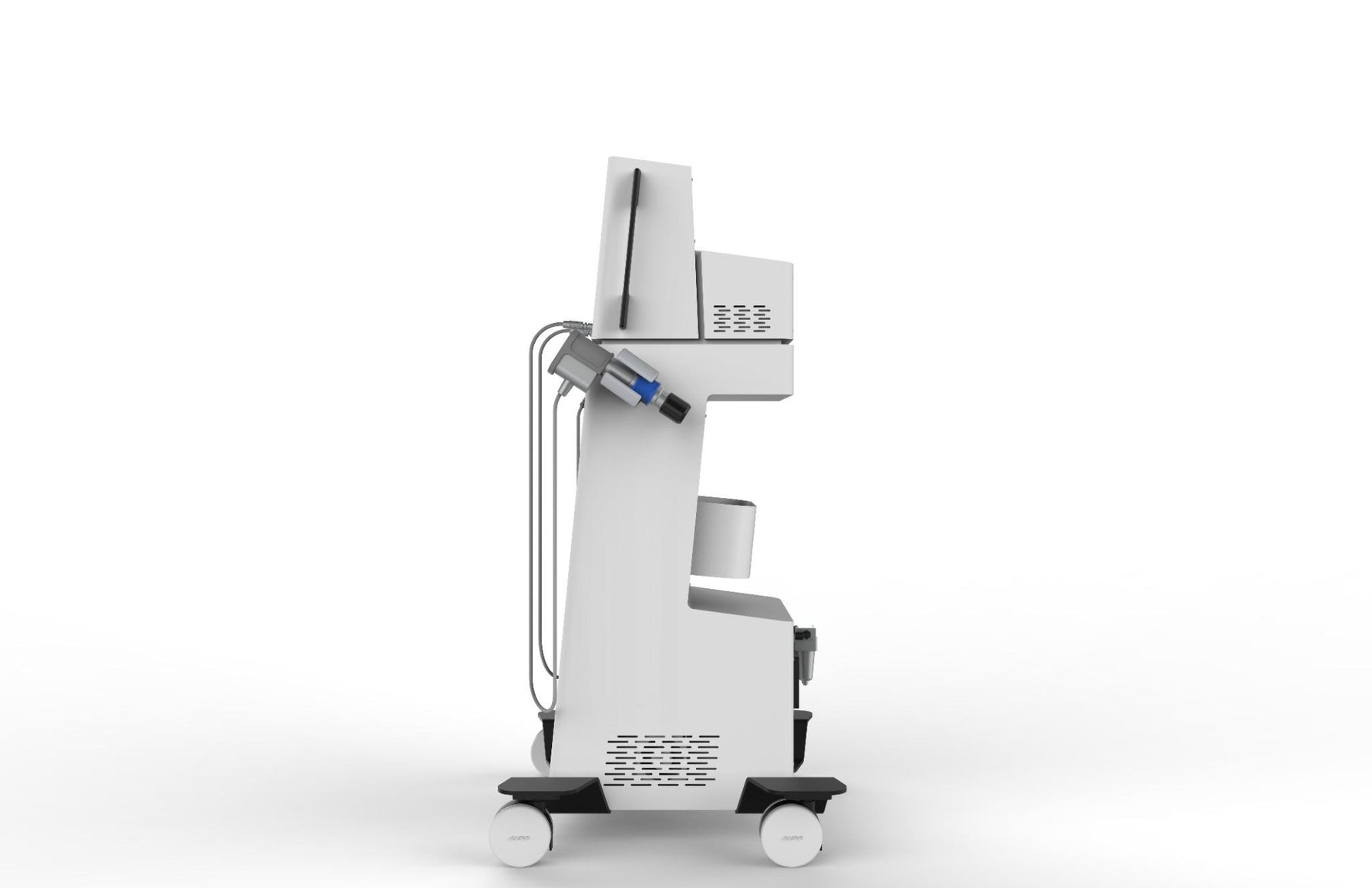 A white and gray wheeled medical or laboratory machine with a vertical cabinet, side arm, and cylindrical component, shown on a plain white background.