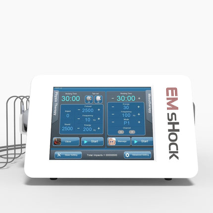 EMSHOCK professional EMS and radial shockwave therapy machine front view for physiotherapy pain relief and ED treatment