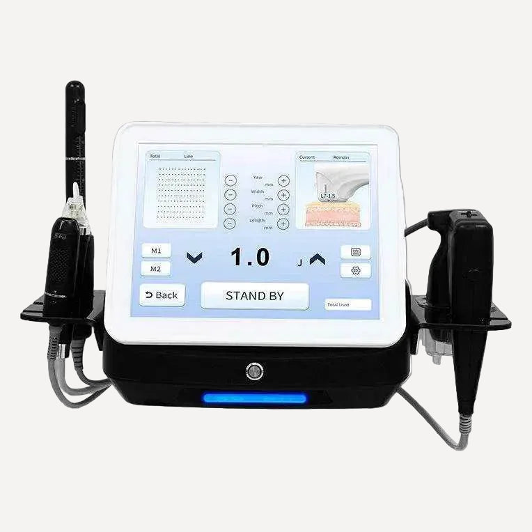 5-in-1 8D HIFU beauty machine with touchscreen and treatment handles