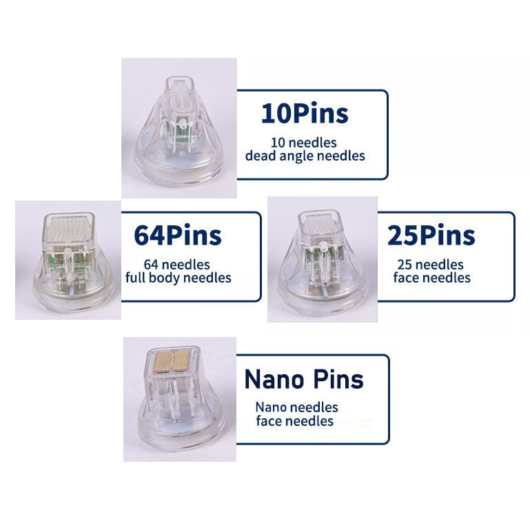 White handheld beauty machine with four detachable circular cartridge heads showing electrical contact points.