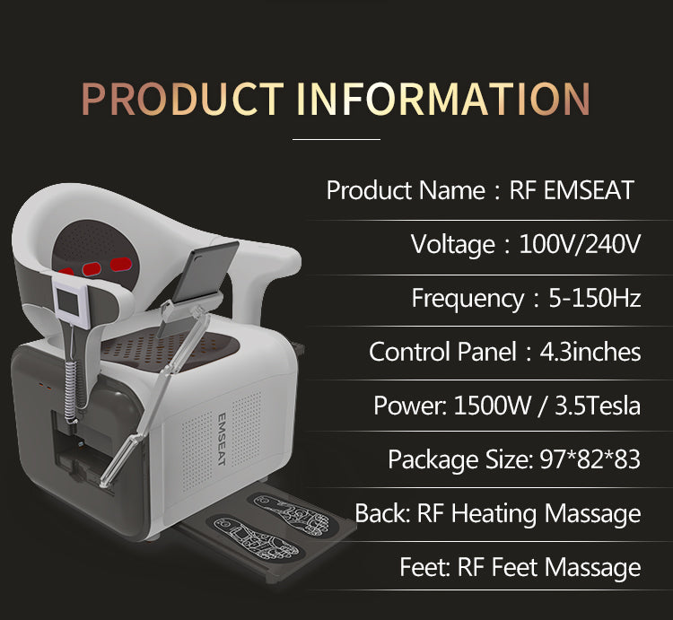 RF pelvic floor machine with heated backrest and foot platform