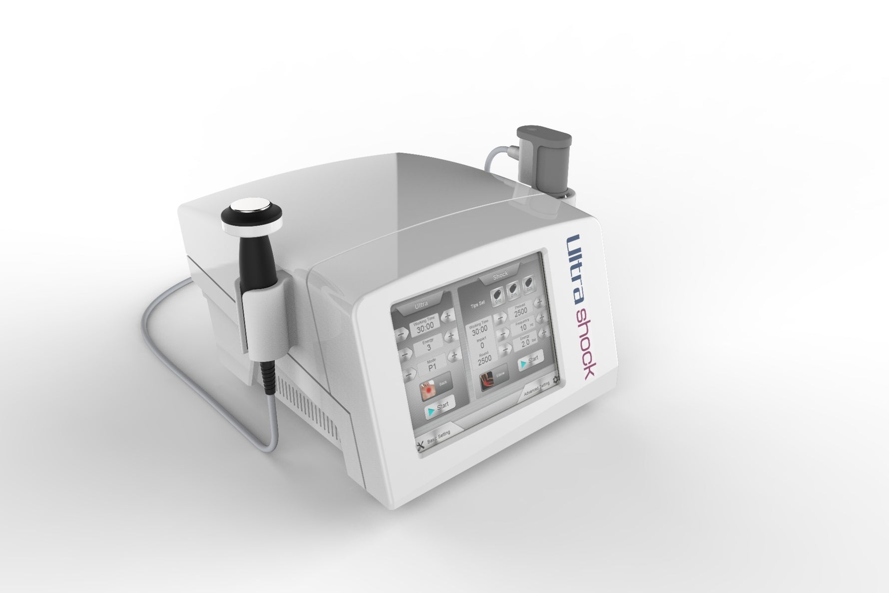 Complete set of 12 Ultrashock applicator heads D6 to D25 including flat focus and radial heads for shockwave therapy
