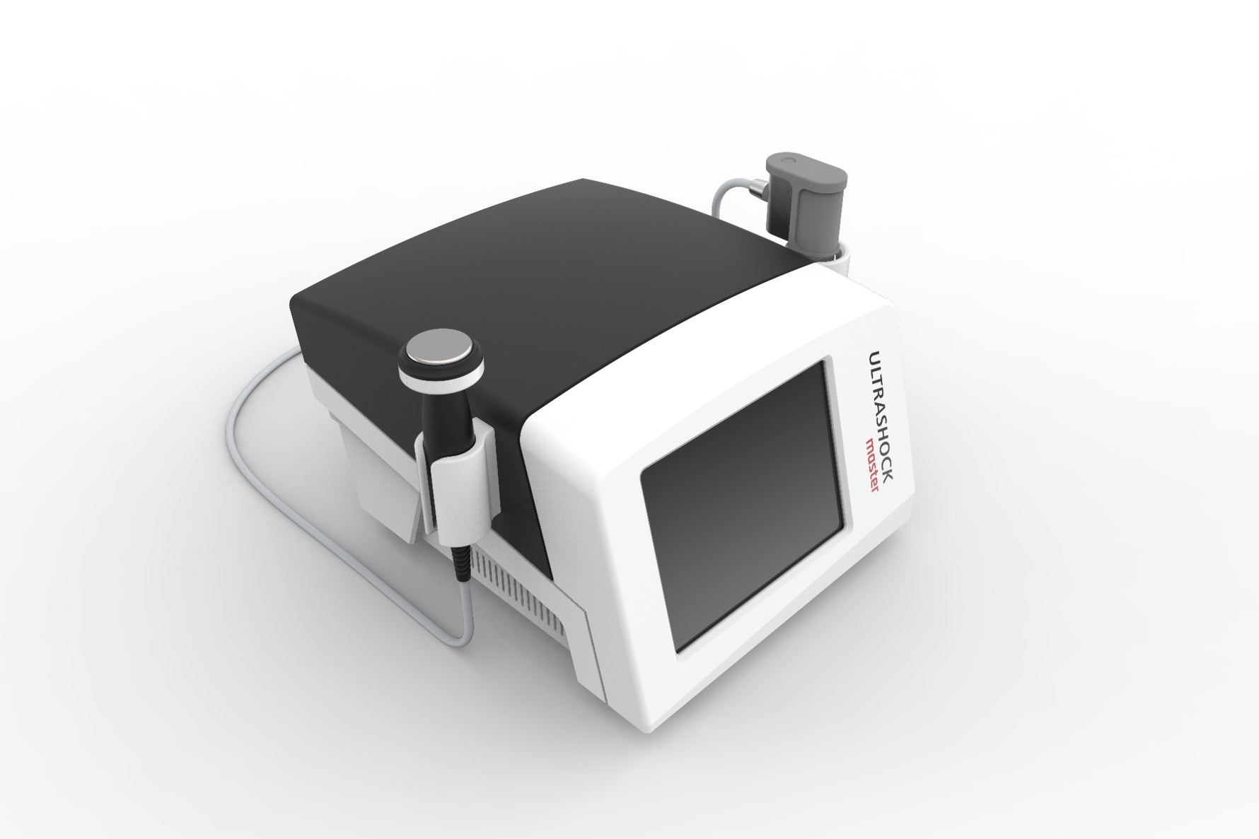 Ultrashock Master 2 in 1 pneumatic shockwave and ultrasound therapy machine front view in premium aluminium flight case