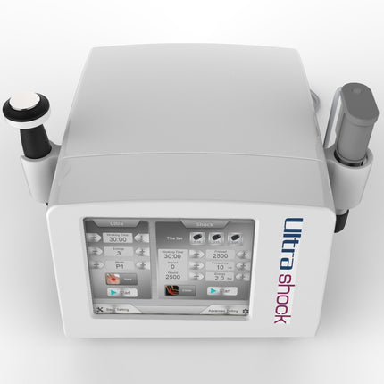 Ultrashock 2 in 1 pneumatic shockwave and ultrasound therapy machine front view for physiotherapy and pain relief