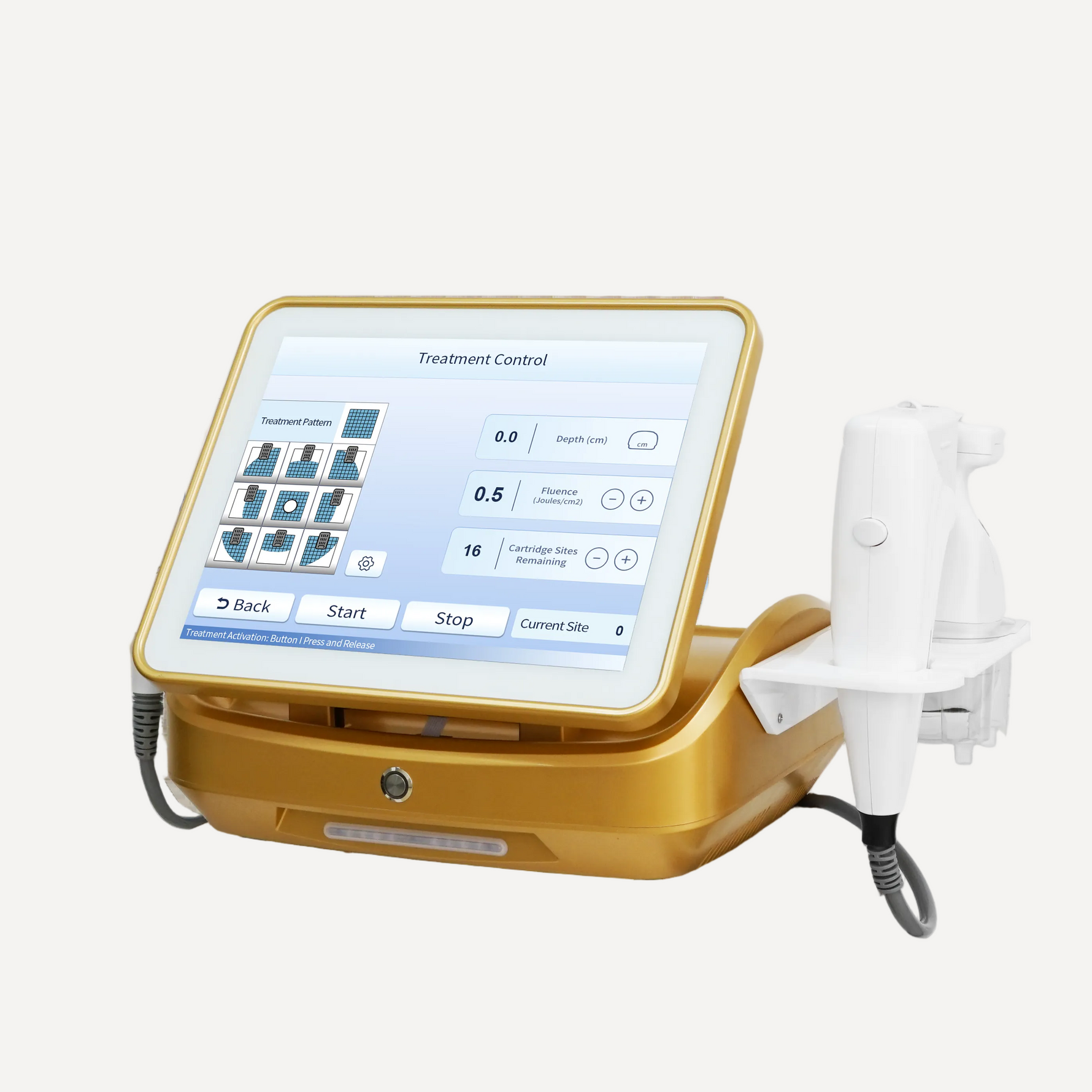 Single-row 4D HIFU handle with interchangeable depth cartridges